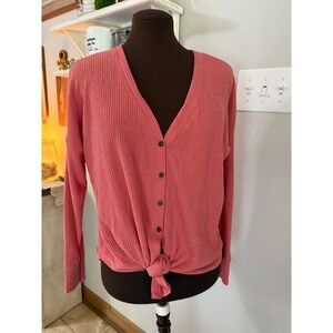 Abercrombie & Fitch Pink Ribbed Button Front Tie Hem shirt womens Small soft